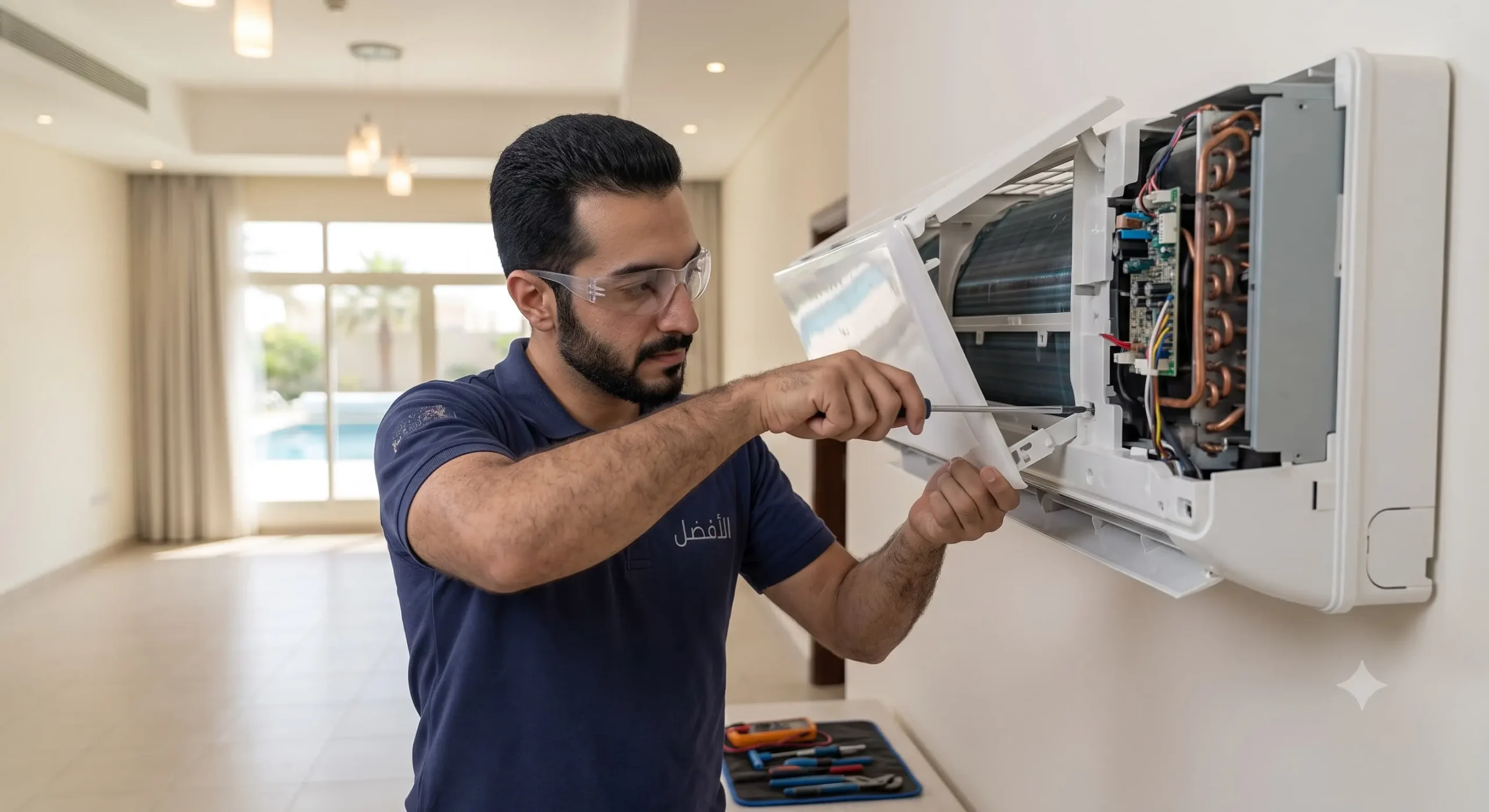 فني تنظيف مكيفات أثناء فك وحدة سبليت بالرياض