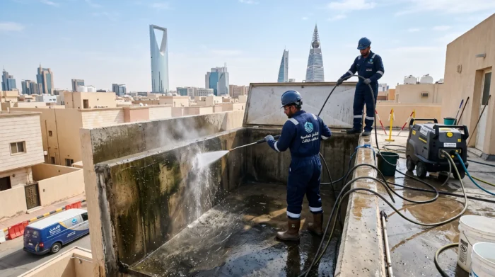 فريق الأفضل الماسية أثناء تنظيف خزان مياه بالرياض بماكينة ضغط