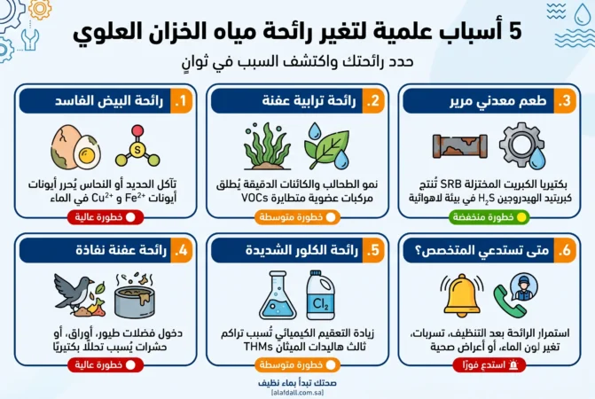 لماذا تتغير رائحة مياه الخزان العلوي؟ الأسباب العلمية والحلول الشاملة اسباب تغير ريحه المياه او مويه الخزان فيها ريحة