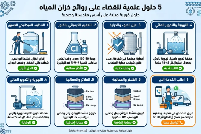 لماذا تتغير رائحة مياه الخزان العلوي؟ الأسباب العلمية والحلول الشاملة انفوجرافيك يعرض 5 حلول علمية للقضاء على روائح خزان المياه: التنظيف العميق، التعقيم بالكلور.