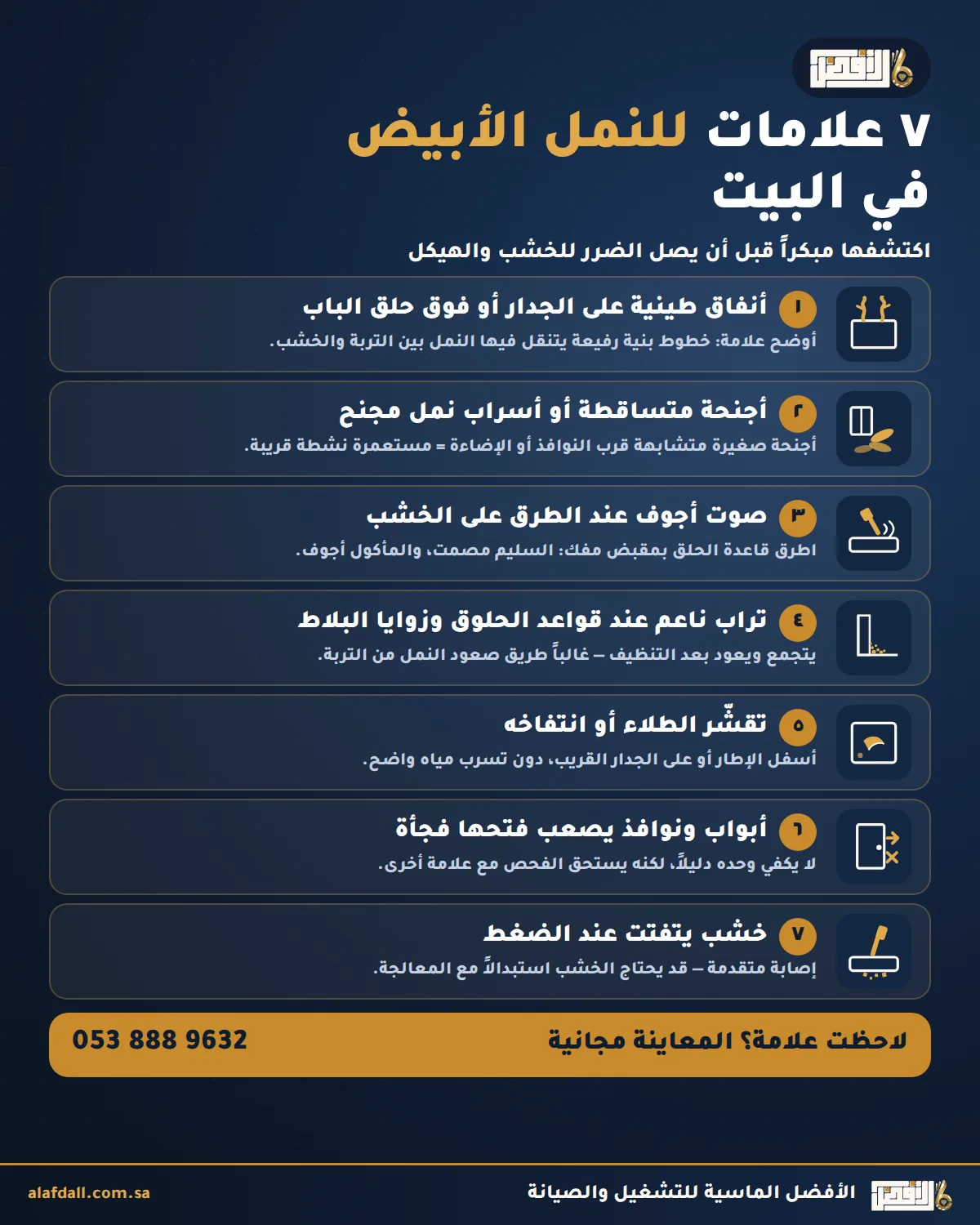 سبع علامات للنمل الأبيض في البيت: أنفاق طينية، أجنحة متساقطة، صوت أجوف، تراب عند قواعد الحلوق، تقشر الطلاء، أبواب يصعب فتحها، خشب يتفتت